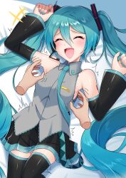 Rule 34 | 1girl, aqua nails, aqua necktie, black skirt, black sleeves, black thighhighs, blush, closed eyes, detached sleeves, grey shirt, hands up, hatsune miku, headphones, highres, laughing, long hair, lying, microphone, motion lines, necktie, on back, open mouth, pleated skirt, pov, pov hands, shirt, skirt, sleeveless, supo01, thighhighs, tickling, tickling armpits, very long hair, vocaloid