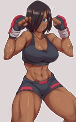 Rule 34 | 1girl, abs, black hair, blue eyes, breasts, cleavage, clenched hands, dark-skinned female, dark skin, dirty, dirty face, fighting stance, fingerless gloves, gloves, highres, large breasts, looking at viewer, medium hair, midriff, mixed martial arts, mma gloves, muscular, muscular female, nisego, open mouth, original, short hair, shorts, solo, sweat, tan, tank top, thighs, toned
