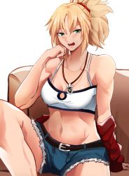 Rule 34 | 1girl, absurdres, blonde hair, breasts, collarbone, fate/apocrypha, fate/grand order, fate (series), green eyes, highres, medium breasts, mordred (fate), mordred (fate/apocrypha), navel, open mouth, ponytail, shadowcero, short shorts, shorts, simple background, thighs, white background