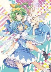 Rule 34 | 2girls, bare arms, black footwear, blue bow, blue dress, blue eyes, blue hair, bow, cirno, closed mouth, daiyousei, dress, fairy wings, green eyes, green hair, hair bow, ice, ice wings, looking at viewer, looking back, macco, multiple girls, open mouth, puffy short sleeves, puffy sleeves, shoes, short dress, short hair, short sleeves, side ponytail, smile, socks, touhou, white legwear, wings, yellow bow