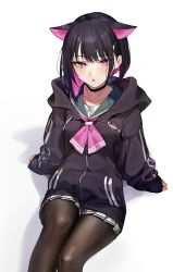 Rule 34 | 1girl, :o, black collar, black hair, black hoodie, black pantyhose, collar, colored inner hair, copyright request, green sailor collar, highres, hiiragi mikoto, hood, hoodie, long sleeves, looking at viewer, multicolored hair, pantyhose, parted lips, pink eyes, pink hair, sailor collar, simple background, sitting, solo, white background