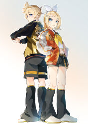 Rule 34 | 1boy, 1girl, absurdres, ahoge, back-to-back, belt, blonde hair, blue eyes, blush, bow, flipped hair, full body, hair bow, hair ornament, hairband, hairclip, hands in pockets, highres, jacket, kagamine len, kagamine rin, kusunokimizuha, leg warmers, letterman jacket, long sleeves, looking back, midriff, neckerchief, outstretched arms, own hands clasped, own hands together, parted bangs, ponytail, sailor collar, short hair, short shorts, shorts, smile, stretching, sukajan, vocaloid