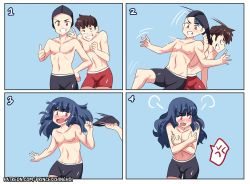 Rule 34 | 2boys, angry, blush, child, embarrassed, highres, hinghoi, long hair, male focus, multiple boys, nipples, trap