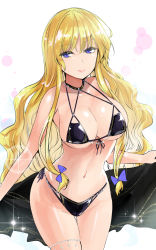 Rule 34 | 1girl, bare arms, bare shoulders, bikini, black bikini, blonde hair, blue bow, blue eyes, bow, breasts, commentary request, cowboy shot, front-tie bikini top, front-tie top, groin, hair between eyes, hair bow, highres, large breasts, lens flare, long hair, looking at viewer, navel, no headwear, one-hour drawing challenge, pink lips, simple background, smile, solo, sparkle, standing, stomach, swimsuit, thighs, touhou, very long hair, white background, y2, yakumo yukari