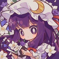 Rule 34 | 1girl, book, crescent, crescent hat ornament, flower, hat, hat ornament, holding, holding book, mob cap, patchouli knowledge, purple eyes, purple hair, solo, suelement, touhou, upper body, white flower, white hat
