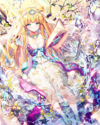 Rule 34 | 1girl, aqua eyes, bad id, bad pixiv id, barefoot, blonde hair, book, breasts, cherrypin, cleavage, double bun, dress, floral print, flower, gem, hair bun, hair ornament, holding, holding book, jewelry, knife, long hair, looking at viewer, medium breasts, necklace, open book, sitting, smile, sparkle, tenkuu no crystalia, water, water drop, white dress