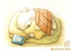 Rule 34 | artist name, bear, black eyes, blanket, blush, book, holding, holding pillow, lying, mattress, no humans, hugging object, on side, original, pillow, pillow hug, polar bear, signature, sleeping, st.kuma, twitter username