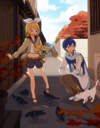 Rule 34 | 1boy, 1girl, animal, bad id, bad pixiv id, belt, bird, blonde hair, blue hair, bow, branch, cardigan, cat, cloud, coat, day, eating, food, hair ornament, hairclip, kagamine rin, kaito (vocaloid), kneeling, leaf, legs, long sleeves, navel, nokuhashi, open mouth, outdoors, pigeon, plant, road, sailor collar, sandals, scarf, short hair, shorts, sky, smile, street, tree, vocaloid