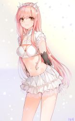 Rule 34 | 1girl, absurdres, arms behind back, blush, breasts, brown eyes, cleavage, fate/grand order, fate (series), frilled skirt, frills, gloves, hieung, highres, leaning forward, long hair, looking at viewer, medb (fate), medb (fate), medium breasts, midriff, miniskirt, navel, pink hair, skirt, smile, solo, standing, tiara, white gloves
