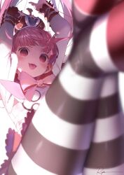 Rule 34 | 1girl, arms up, blurry, blurry foreground, blush, bow, bowtie, crown, empty eyes, highres, long sleeves, looking at viewer, one piece, open mouth, pantyhose, perona, pink bow, pink bowtie, pink eyes, pink hair, ryota (ry o ta), shirt, signature, simple background, solo, striped clothes, striped pantyhose, tongue, tongue out, white background, white shirt