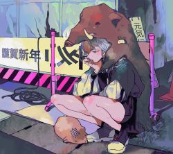 Rule 34 | 1girl, animal, animal on head, bare legs, black footwear, black jacket, black shorts, boar, commentary, dobunomeme, grass, hand on own chin, highres, jacket, long hair, on head, original, outdoors, road, shoes, short shorts, shorts, silver hair, smoke, smoking, solo, squatting, street, white jacket