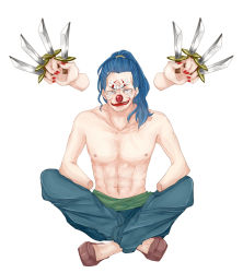Rule 34 | 1boy, blue hair, buggy the clown, clown, disembodied hand, dismembered, grin, highres, indian style, lipstick, makeup, male focus, one piece, sash, topless male, simple background, sitting, smile, solo