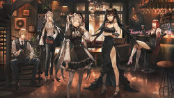 Rule 34 | 1boy, 4girls, bar (place), bare legs, bare shoulders, black coat, black dress, black footwear, black gloves, black hair, black pants, boots, breasts, brown eyes, chandelier, coat, coat on shoulders, cocktail dress, crossed arms, dress, gloves, gradient hair, hair ornament, high heel boots, high heels, indoors, juliet sleeves, kamui (punishing: gray raven), large breasts, lococo:p, long dress, long hair, long sleeves, looking at viewer, lucia: crimson abyss (punishing: gray raven), lucia (punishing: gray raven), luna (punishing: gray raven), medium breasts, multicolored hair, multiple girls, pants, puffy sleeves, punishing: gray raven, red eyes, revision, side slit, silver hair, sitting, sleeveless, sleeveless dress, smile, spaghetti strap, spiral staircase, stairs, standing, streaked hair, thighs, twintails, vera (punishing: gray raven), very long hair, x hair ornament