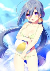 Rule 34 | 10s, 1girl, :d, bad id, bad pixiv id, ball, bare arms, bare shoulders, beachball, bikini, blue hair, breasts, cleavage, collarbone, cowboy shot, day, gluteal fold, green bikini, hair between eyes, hair ornament, hairclip, highres, kantai collection, kiyoshimo (kancolle), long hair, low twintails, mafuyu (chibi21), medium breasts, open mouth, outdoors, purple eyes, smile, solo, strap gap, string bikini, swimsuit, twintails, very long hair