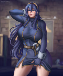 Rule 34 | 1girl, absurdres, alternate breast size, arms behind head, blue dress, blue eyes, blue hair, breasts, curvy, dress, female focus, fingerless gloves, fire emblem, fire emblem awakening, flowerxl, gloves, hand on pussy, highres, huge breasts, long hair, looking at viewer, lucina (fire emblem), nintendo, pink mouth, smile, solo, teasing, thick thighs, thighs, tiara, very long hair