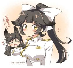 Rule 34 | 2girls, :d, aiguillette, animal ears, arms at sides, atago (azur lane), azur lane, black hair, blush, bow, breasts, buttons, closed mouth, dog ears, dot nose, epaulettes, eromame, eyebrows, flying sweatdrops, hair between eyes, hair bow, hair ribbon, heart, high ponytail, long hair, long sleeves, medium breasts, military, military uniform, multiple girls, open mouth, ribbon, shirt, smile, takao (azur lane), translated, turtleneck, twitter username, uniform, upper body, white bow, white ribbon, white shirt, yellow eyes