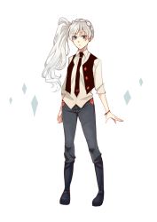 Rule 34 | 1girl, blue eyes, blush, denim, jeans, kuma (bloodycolor), necktie, pants, rwby, side ponytail, solo, vest, weiss schnee, white background