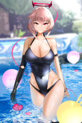 Rule 34 | 1girl, absurdres, azur lane, bad id, bad pixiv id, bare shoulders, black gloves, black one-piece swimsuit, blush, bracelet, breasts, cleavage, closed mouth, commentary, covered navel, duca degli abruzzi (azur lane), duca degli abruzzi (lustrous onyx sirenetta) (azur lane), elbow gloves, gauntlets, gloves, halo, highres, jewelry, jinpaitugounan, large breasts, looking at viewer, mechanical arms, medium hair, one-piece swimsuit, pink hair, pool, prosthesis, prosthetic hand, red eyes, single mechanical arm, smile, solo, standing, swimsuit, thighs, water