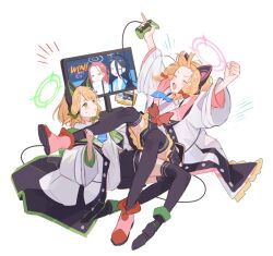 Rule 34 | 2girls, animal ear headphones, animal ears, aris (blue archive), black footwear, black skirt, black thighhighs, blonde hair, blue archive, blue necktie, blush, boots, bow, closed eyes, collared shirt, controller, fake animal ears, game controller, green bow, green eyes, hair bow, headphones, highres, holding, holding controller, holding game controller, jacket, long sleeves, midori (blue archive), momoi (blue archive), multiple girls, necktie, nuudoru, open clothes, open jacket, open mouth, pink footwear, pleated skirt, red bow, shirt, short hair, siblings, simple background, sisters, skirt, smile, thighhighs, twins, white background, white jacket, white shirt, wide sleeves, yuzu (blue archive)