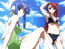 Rule 34 | 2girls, android, arm behind head, arm up, armpits, back, bare shoulders, bikini, black bikini, blue hair, blue sky, breasts, brown eyes, cleavage, cloud, collarbone, fingernails, green one-piece swimsuit, groin, hair between eyes, halterneck, hand on thigh, highres, hip focus, ilfa (to heart), knees together feet apart, kousaka tamaki, legs, long hair, looking at viewer, looking back, megami magazine, multiple girls, navel, official art, official wallpaper, one-piece swimsuit, outdoors, parted lips, purple eyes, red hair, robot ears, sidelocks, sitting, skindentation, sky, smile, standing, swimsuit, thigh gap, thighs, to heart (series), to heart 2, wallpaper, wet, yanagisawa masahide
