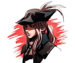Rule 34 | 1girl, ascot, asrikins, blonde hair, bloodborne, close-up, coat, gem, green eyes, hair ribbon, hat, hat feather, hat ornament, lady maria of the astral clocktower, long hair, ponytail, ribbon, simple background, solo, the old hunters, tricorne