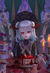 Rule 34 | + +, 1girl, 2others, absurdres, amahara subaru, ambiguous red liquid, animal head, animal skull, aqua hair, bat wings, berry, black ribbon, blueberry, butler, cake, cake slice, candelabra, candle, candlestand, chair, cherry, cloud, cross, cross print, cup, curtains, demon girl, elbows on table, fang, fantasy, fire, fire, flower, food, fork, formal, fruit, gloves, goat girl, green suit, grey gloves, hair ribbon, head wings, highres, huge filesize, indoors, knife, long hair, looking at viewer, melting, moon, multicolored hair, multiple others, open mouth, original, planted, plate, pointy ears, purple flower, purple rose, raspberry, red eyes, red flower, red rose, ribbon, rose, sandwich, sitting, skull, smile, solo focus, suit, table, tea, teacup, teapot, turtleneck, twintails, vampire, white gloves, white hair, window, wings