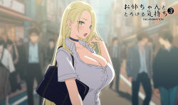 Rule 34 | 1girl, april fools, bag, black choker, blonde hair, blue eyes, blush, breasts, choker, cleavage, collared shirt, commentary request, earrings, hair behind ear, huge breasts, jewelry, joshi kousei rich thots, long hair, looking at viewer, open mouth, original, outdoors, partially unbuttoned, rena (sky-freedom), road, school bag, school uniform, shirt, sky-freedom, solo focus, street, very long hair, white shirt