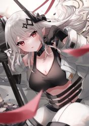 Rule 34 | 1girl, :o, arknights, black gloves, black sports bra, bodysuit, breasts, cleavage, elite ii (arknights), gloves, hammer, highres, holding, holding hammer, holding weapon, horns, infection monitor (arknights), large breasts, long hair, material growth, mudrock (arknights), mudrock (elite ii) (arknights), open bodysuit, open clothes, oripathy lesion (arknights), pointy ears, red eyes, saiko (saisaka), solo, sports bra, weapon, white bodysuit, white hair