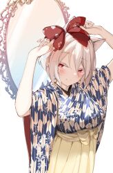 Rule 34 | 1girl, animal ear fluff, animal ears, arms up, blush, breasts, cat ears, closed mouth, cowboy shot, extra ears, futoshi ame, hakama, highres, japanese clothes, kimono, large breasts, long sleeves, looking at viewer, mirror, nail, original, pink nails, red eyes, short hair, simple background, smile, solo, white background, white hair, wide sleeves, yellow hakama