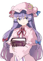 Rule 34 | 1girl, blue bow, book, bow, closed mouth, crescent, crescent hat ornament, deetamu, dress, frilled sleeves, frills, hair bow, hat, hat ornament, highres, holding, holding book, long hair, long sleeves, mob cap, patchouli knowledge, pink dress, pink hat, purple eyes, purple hair, red bow, simple background, solo, striped clothes, striped dress, touhou, upper body, vertical-striped clothes, vertical-striped dress, white background, wide sleeves