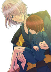 Rule 34 | 2boys, arm across chest, blue shirt, blue shorts, brown hair, carrying, commentary request, dutch angle, closed eyes, father and son, fingernails, gegege no kitarou, geta, hair over one eye, humanization, japanese clothes, kimono, kitarou, light brown hair, looking at another, medama oyaji, medama oyaji (human), multiple boys, open mouth, princess carry, red eyes, rurukichi, shirt, short hair, shorts, simple background, sketch, smile, spoilers, unconscious, upper body, white background