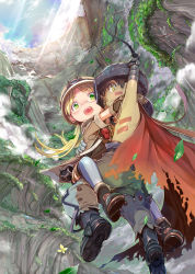 Rule 34 | 1boy, 1girl, bird, blonde hair, boots, bug, cape, carrying, commentary request, dragonfly, floating hair, glasses, gloves, green eyes, helmet, highres, insect, light rays, low twintails, made in abyss, mikazuki akira!, nature, open mouth, pants, regu (made in abyss), riko (made in abyss), scenery, sunbeam, sunlight, teeth, tongue, twintails, upper teeth only, whistle, yellow eyes