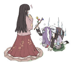 Rule 34 | 2girls, animal ears, arm up, bamboo print, black hair, blazer, branch, floral print, hair over face, highres, hime cut, hitodama, houraisan kaguya, jacket, japanese clothes, jeweled branch of hourai, kneeling, light purple hair, long hair, long sleeves, multiple girls, necktie, open mouth, peroponesosu., pink shirt, pink skirt, prehensile ears, rabbit ears, red neckwear, red skirt, reisen udongein inaba, shirt, simple background, skirt, steam, torn clothes, touhou, white background, wide sleeves