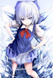 Rule 34 | 1girl, amazaki ria, black footwear, blue bow, blue dress, blue eyes, blue footwear, blue hair, bow, bowtie, breasts, cirno, collared shirt, commentary request, dress, fang, full body, hair bow, hands on own hips, highres, ice, ice wings, looking at viewer, mary janes, one eye closed, open mouth, pinafore dress, red bow, red bowtie, shirt, shoes, short eyebrows, short hair, short sleeves, sleeveless dress, small breasts, solo, standing, steam, touhou, v-shaped eyebrows, white shirt, wing collar, wings