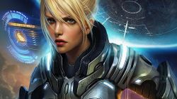 Rule 34 | 1girl, absurdres, armor, artist request, blonde hair, chair, cloud, english text, flying, flying saucer, glowing, grey eyes, hair between eyes, highres, hologram, light, lips, looking at viewer, nova (starcraft), parted lips, power suit, realistic, sky, solo, spacecraft, star (sky), starcraft, upper body