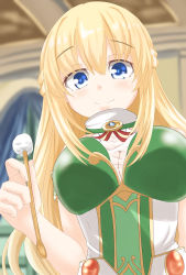 Rule 34 | 1girl, absurdres, blonde hair, blue eyes, blush, braid, breasts, brooch, bruno723, cleavage, closed mouth, commentary request, dress, hair between eyes, highres, indoors, jewelry, large breasts, long hair, looking at viewer, mimikaki, neptune (series), no gloves, sidelocks, smile, solo, uniform, vert (neptunia)