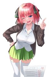 Rule 34 | 1girl, :d, black cardigan, black ribbon, blue eyes, blunt bangs, blush, breasts, butterfly hair ornament, cardigan, cleavage, collarbone, go-toubun no hanayome, green skirt, hair ornament, hand on own hip, highres, kukeylove, large breasts, looking at viewer, nakano nino, one eye closed, open cardigan, open clothes, open mouth, pink hair, ribbon, school uniform, shirt, simple background, skirt, sleeves past wrists, smile, thick thighs, thighhighs, thighs, twintails, white background, white shirt, white thighhighs, zettai ryouiki