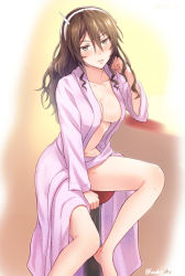 Rule 34 | 10s, 1girl, ashigara (kancolle), bathrobe, blush, breasts, brown eyes, brown hair, cleavage, collarbone, female focus, hair ornament, hand in own hair, highres, kanden sky, kantai collection, large breasts, looking at viewer, open clothes, sitting, solo, stool, sweat