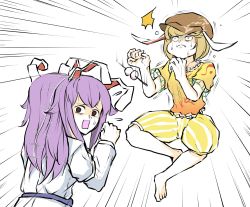 Rule 34 | 2girls, animal ears, asphyxiation, blonde hair, cabbie hat, choking on object, commentary request, cropped torso, dango, emphasis lines, food, food in mouth, furrowed brow, hair between eyes, hat, highres, long hair, long sleeves, looking at viewer, midriff peek, motion lines, multiple girls, pants, peroponesosu., rabbit ears, reisen udongein inaba, ringo (touhou), shirt, short hair, simple background, sweat, nervous sweating, touhou, trembling, wagashi, white background, white shirt, worried, yellow pants, yellow shirt
