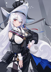 Rule 34 | 1girl, absurdres, arknights, belt, belt pouch, black headwear, black pantyhose, blue nails, breasts, cleavage, cleavage cutout, clothing cutout, cowboy shot, dress, eyes visible through hair, female focus, frilled dress, frills, grey background, grey hair, hair over one eye, hand on own hip, head tilt, highres, komi (komiking), large breasts, long hair, long sleeves, looking at viewer, nail polish, pantyhose, parted lips, pelvic curtain, pouch, red eyes, shoulder strap, smile, solo, specter (arknights), specter the unchained (arknights), very long hair