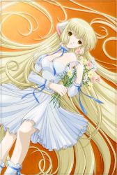 Rule 34 | 00s, 1girl, blonde hair, blue eyes, breasts, brown theme, chii, chobits, dress, female focus, gradient background, plant, solo, thighhighs, tired, white theme
