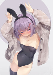 Rule 34 | 1girl, a.i. voice, animal ears, armpits, arms up, bare shoulders, black hairband, black leotard, black thighhighs, blush, breasts, brown jacket, closed mouth, collarbone, commentary request, grey background, groin, hair ornament, hairband, hairclip, highres, jacket, kanzen bouon, leotard, leotard under clothes, long sleeves, open clothes, open jacket, playboy bunny, puffy long sleeves, puffy sleeves, purple background, purple eyes, purple hair, rabbit ears, small breasts, solo, strapless, strapless leotard, thighhighs, two-tone background, voiceroid, yuzuki yukari, yuzuki yukari (shizuku)