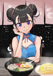 Rule 34 | 1girl, :3, bare shoulders, black hair, blue dress, bowl, breasts, chair, check copyright, china dress, chinese clothes, cleavage, cleavage cutout, closed mouth, clothing cutout, commentary request, copyright request, double bun, dress, egg, food, food request, hair bun, hand on own chin, hand up, highres, indoors, kajino (aosansai), looking at viewer, noodles, nori (seaweed), on chair, original, purple eyes, ramen, restaurant, short hair, sitting, sketch, sleeveless, sleeveless dress, solo, steam, table