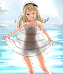 Rule 34 | 1girl, alternate costume, backlighting, blonde hair, blush, cloud, cloudy sky, day, dress, closed eyes, hat, highres, jervis (kancolle), kantai collection, long hair, ocean, open mouth, outdoors, sailor hat, short dress, sky, smile, solo, sunlight, tama (tamago), thighs, white dress