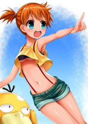 Rule 34 | 1girl, absurdres, arm up, armpits, bare shoulders, black eyes, blue background, blue bra, blue eyes, blue shorts, bluebird (bluebird90), blush, bra, breasts, creatures (company), crop top, denim, female focus, game freak, gen 1 pokemon, hair tie, highres, looking to the side, looking up, midriff, misty (pokemon), navel, nintendo, open mouth, orange hair, outstretched arm, pointing, pokemon, pokemon (anime), pokemon (creature), pokemon rgby, ponytail, psyduck, shiny skin, shirt, short hair, short shorts, shorts, side ponytail, simple background, sleeveless, sleeveless shirt, small breasts, standing, suspenders, teeth, underboob, underwear, yellow shirt