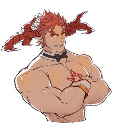 Rule 34 | 1boy, abs, bara, bow, bowtie, chest tattoo, cropped torso, crossed arms, detached collar, detached sleeves, dragon boy, dragon horns, dragon tail, horns, ifrit (housamo), large pectorals, male focus, muscular, muscular male, nude, orange eyes, orange hair, pectorals, pointy ears, short hair, sketch, smile, solo, spiked hair, tail, tattoo, tokyo houkago summoners, uori