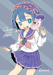 Rule 34 | 1boy, absurdres, blue background, blue eyes, blue hair, blue sailor collar, blue skirt, child, copyright name, highres, looking at viewer, maaa, made in abyss, maid headdress, male focus, maruruk, open mouth, pleated skirt, round teeth, sailor collar, school uniform, skirt, solo, striped, striped background, teeth, trap, tsumiki yuu, twitter username, whistle