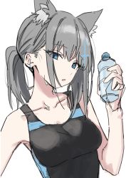 Rule 34 | 1girl, absurdres, animal ear fluff, animal ears, bare arms, bare shoulders, black one-piece swimsuit, blue archive, blue eyes, bottle, breasts, collarbone, competition swimsuit, covered collarbone, earrings, eyes visible through hair, grey hair, hair between eyes, hand up, highres, holding, holding bottle, jewelry, looking at viewer, low ponytail, medium breasts, mismatched pupils, one-piece swimsuit, parted lips, ponytail, shiroko (blue archive), sidelocks, simple background, sketch, solo, stud earrings, swimsuit, syhan, water bottle, white background