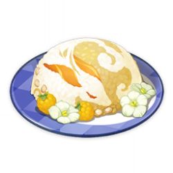 Rule 34 | artist request, berry, carrot, commentary, english commentary, flower, food, food art, food focus, game cg, genshin impact, lowres, no humans, official art, plate, prosperous peace (genshin impact), rice, simple background, still life, third-party source, transparent background, white flower