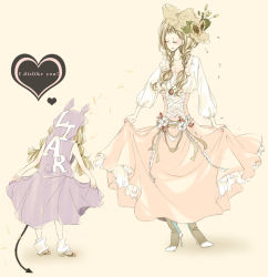 Rule 34 | 2girls, blonde hair, braid, closed eyes, curtsey, cyom, demon tail, dress, english text, flower, from behind, hat, hat flower, heart, high heels, long hair, multiple girls, original, shoes, simple background, skirt, sunflower, tail, twin braids